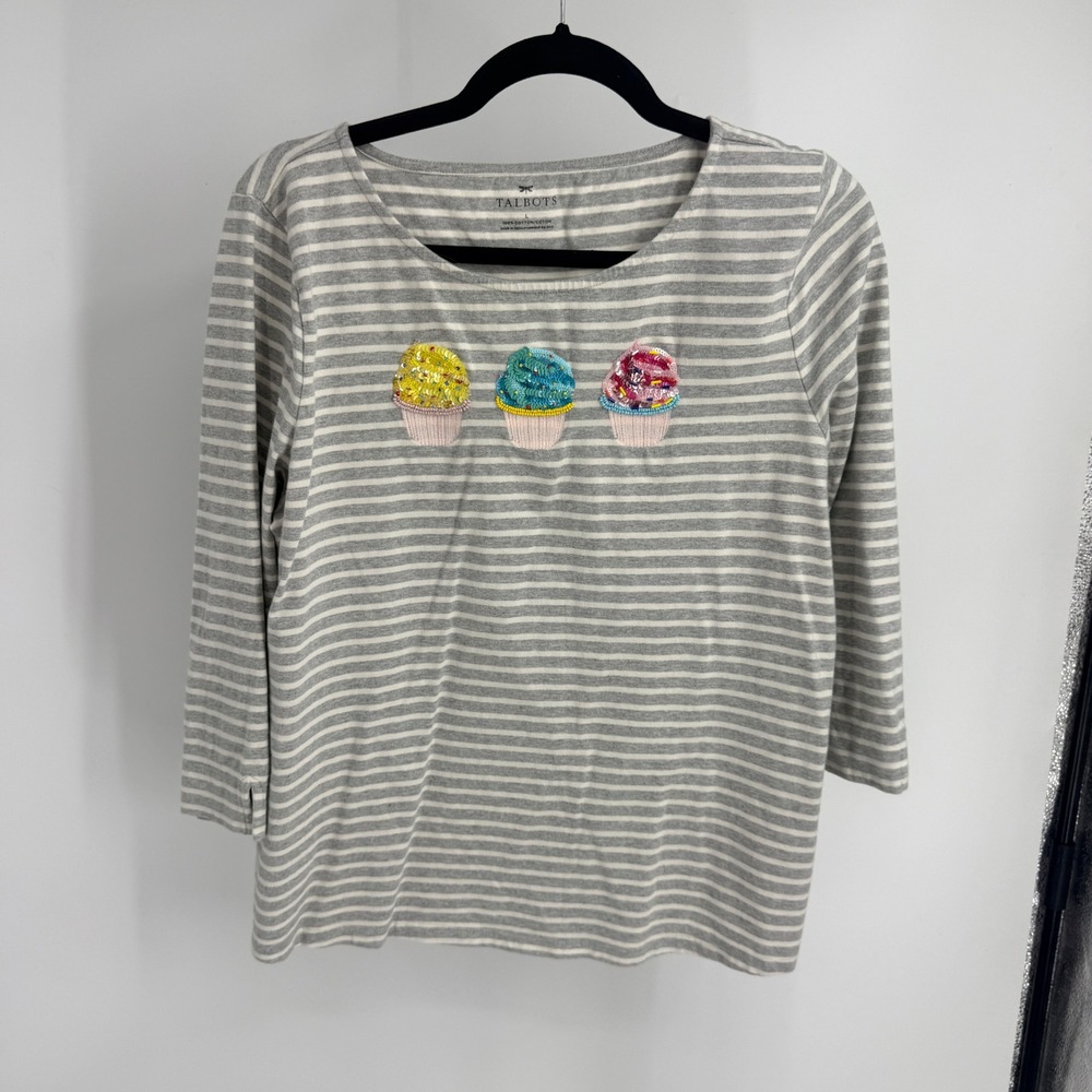 Talbots Grey White Striped Sequin Cupcake 3/4 Sleeve Cotton Top L Birthday Tee
